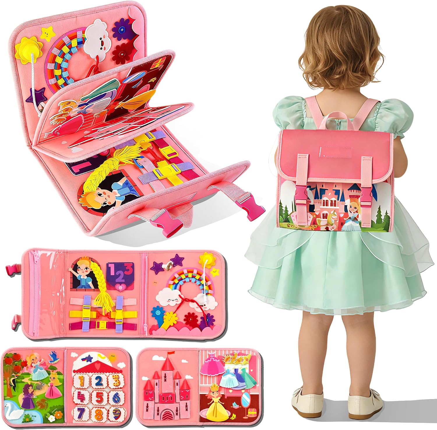 Kids Education Fun - 楽しいプリンセスキャッスルアクティビティバックパック｜子供たちは遊びを通して運動能力を学ぶ、旅行用の持ち運び可能な静かな教育玩具