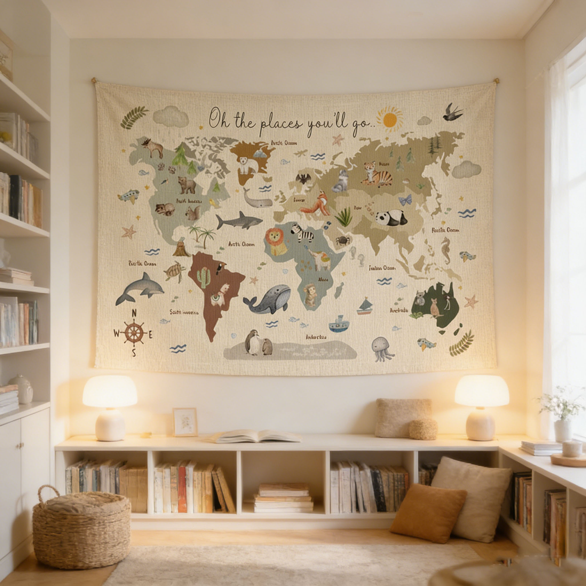 Kids Education Banner - かわいい動物の世界地図タペストリー、2Dカラフルな壁掛けバナー、寝室、教室、子供部屋、パーティー用の教育装飾品