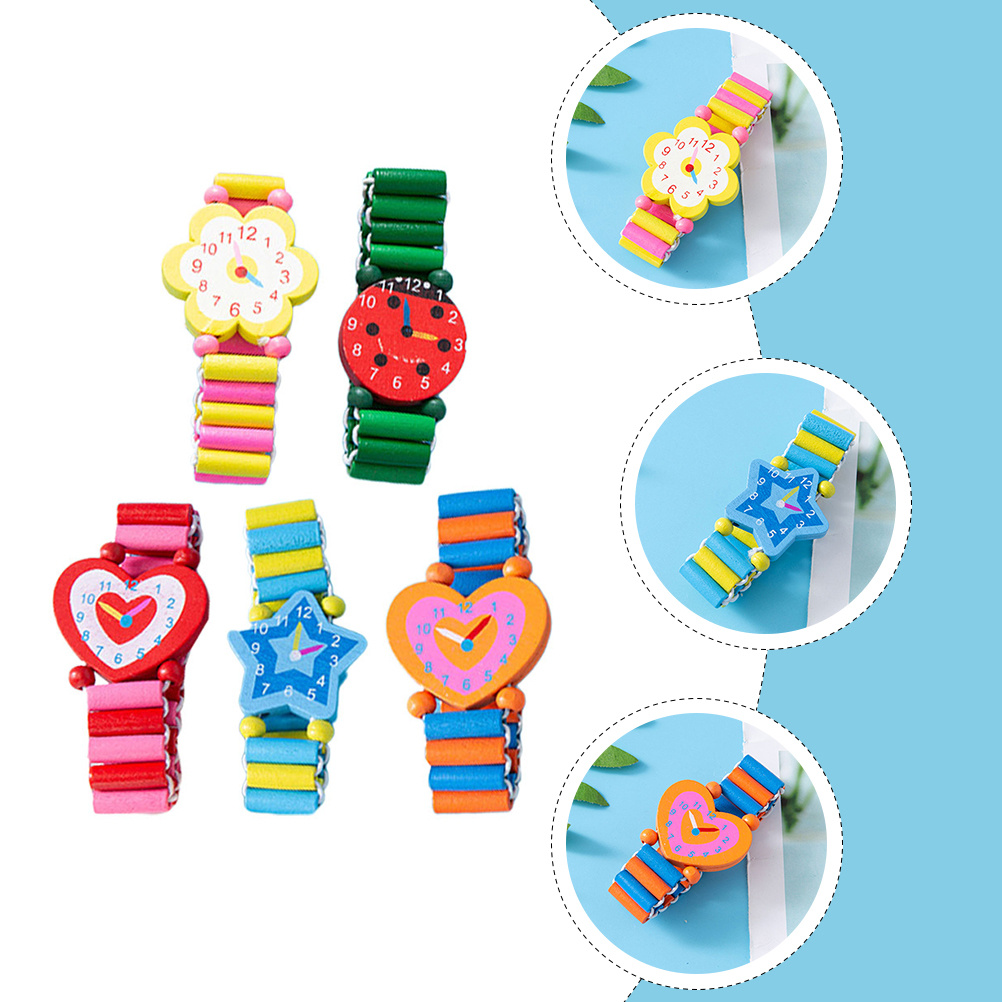 Kids Educational Watch - 5 個子供カラフルなブレスレット木製時計明るい漫画デザイン子供の時間学習教育ギフト模擬腕時計