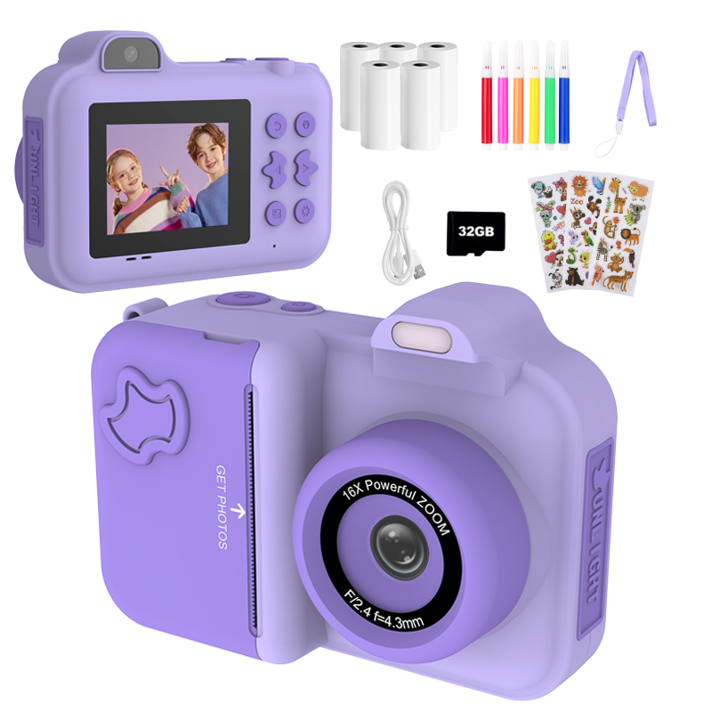 Kids Education Video - 子供デジタルカメラインスタントプリント子供用サーマルプリントカメラインスタント写真印刷カメラビデオおもちゃ + 32 グラムメモリカード