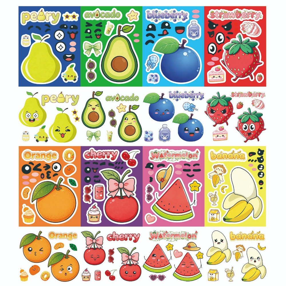 Kids Education Store - 8 枚のシートで顔をかわいくする漫画フルーツステッカー防水 DIY 装飾子供教育用ウォーターボトルオーナメントペーパーリーポップストア