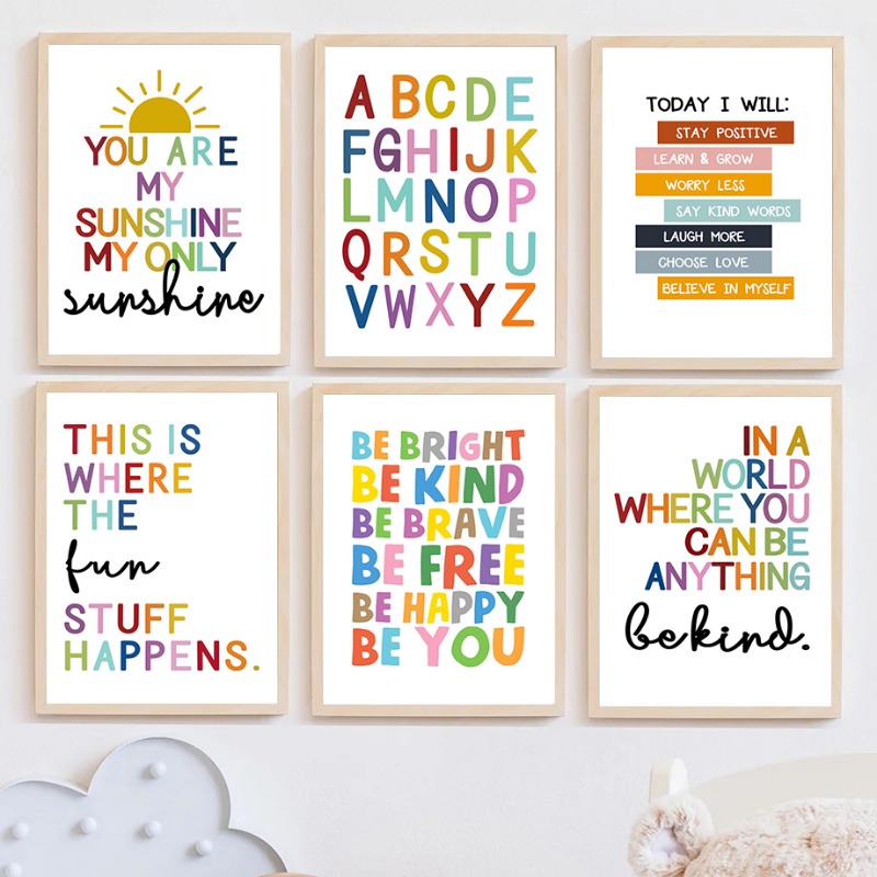 Kids Educational Posters - 英語教育ポスター アルファベット 数字 色 形状 ウォールアートプリント
