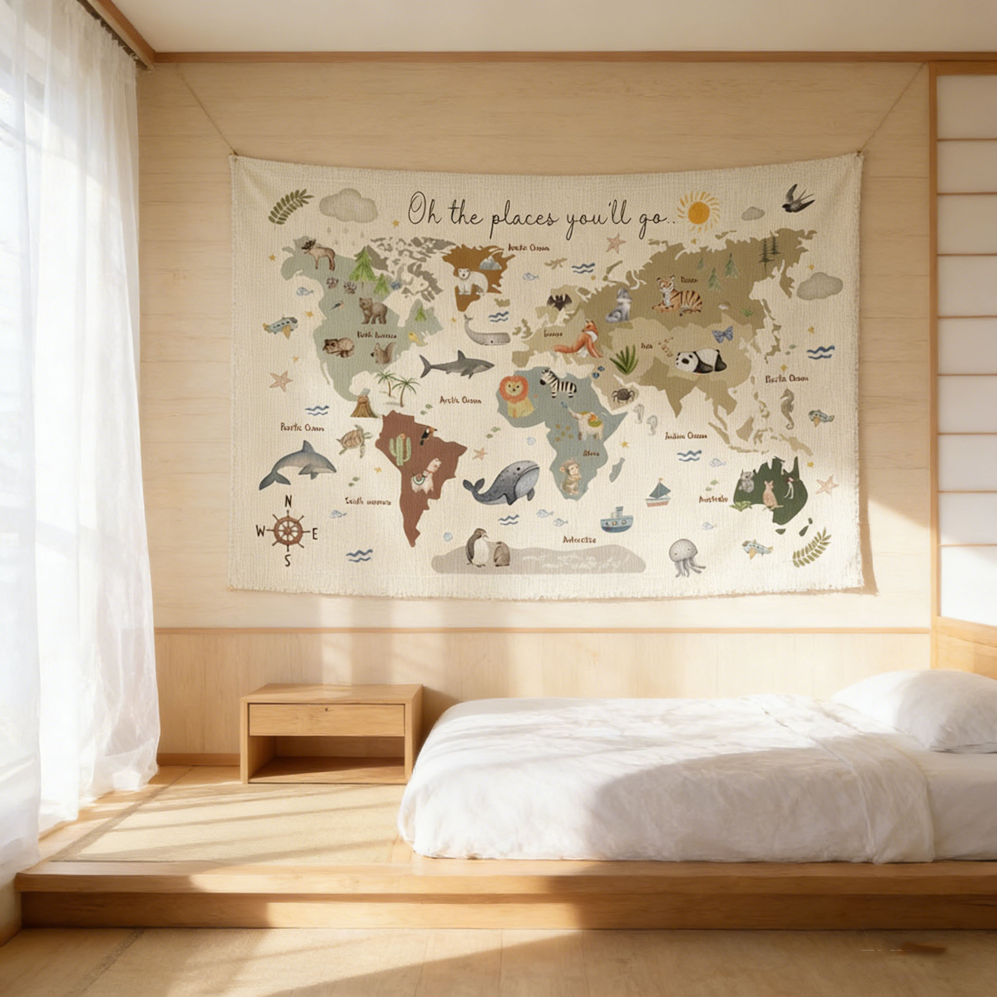かわいい動物の世界地図タペストリー、2Dカラフルな壁掛けバナ - Kids Education Banner のレビューと価格
