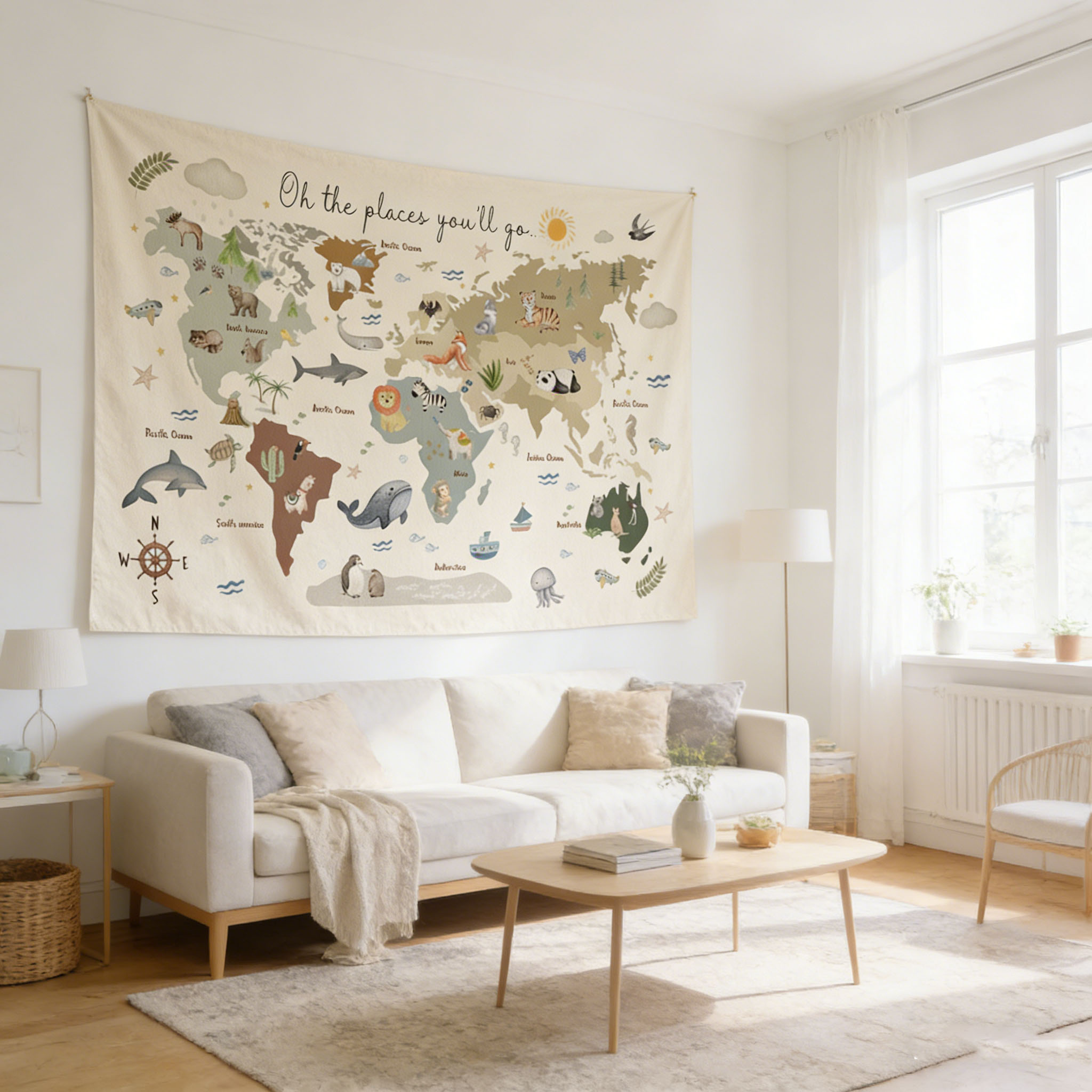 かわいい動物の世界地図タペストリー、2Dカラフルな壁掛けバナ - Kids Education Banner のレビューと価格