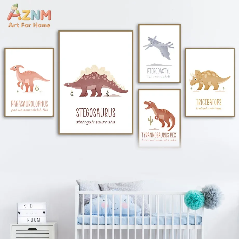 AZNM かわいい水彩恐竜キャンバスウォールアートプリント、 - Kids Educational Posters のレビューと価格