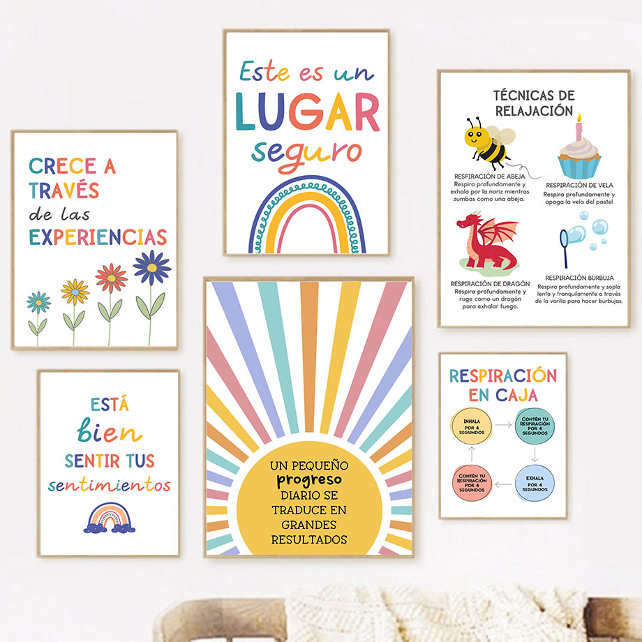 スペイン教育モットーレインボーサンシャイン壁アートキャンバス - Kids Educational Posters のレビューと価格