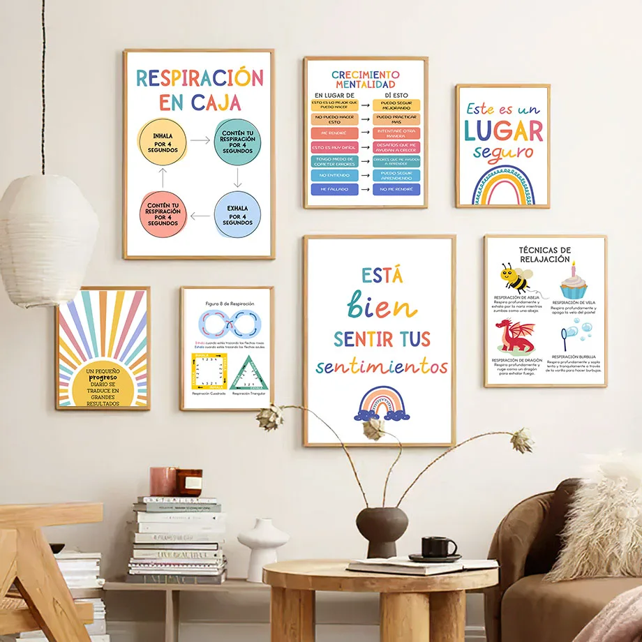 スペイン教育モットーレインボーサンシャイン壁アートキャンバス - Kids Educational Posters のレビューと価格