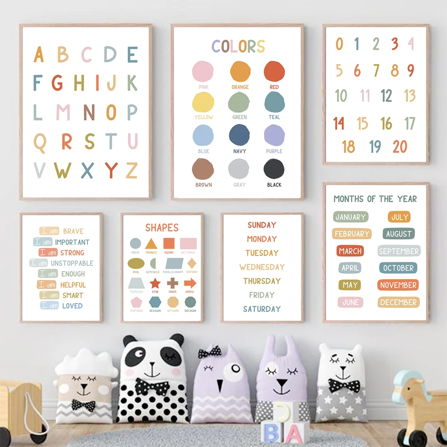 英語教育ポスター アルファベット 数字 色 形状 ウォールア - Kids Educational Posters のレビューと価格