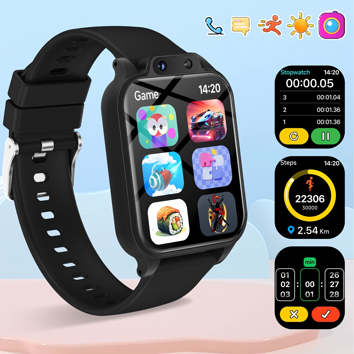 18種類の教育ゲーム、HD自撮り対応、カメラ、USB充電、フ - Kids Educational Watch のレビューと価格