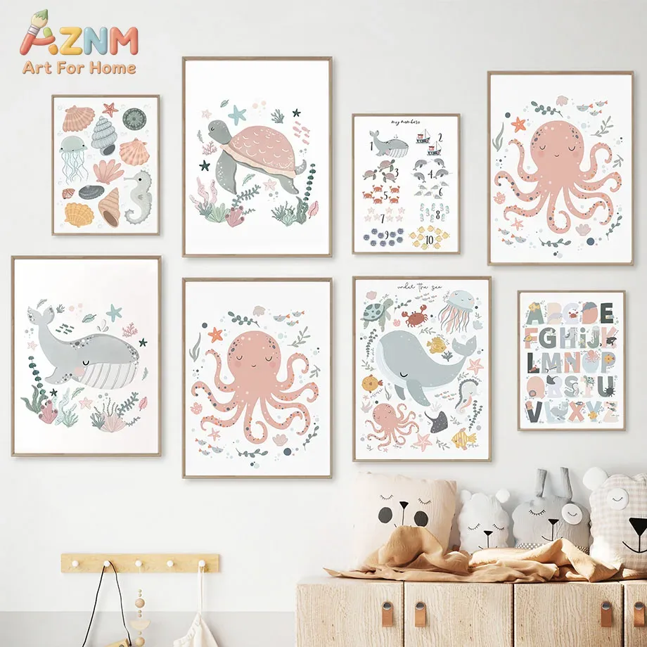 AZNM 保育園海の動物キャンバスウォールアート タコ クジ - Kids Educational Posters のレビューと価格