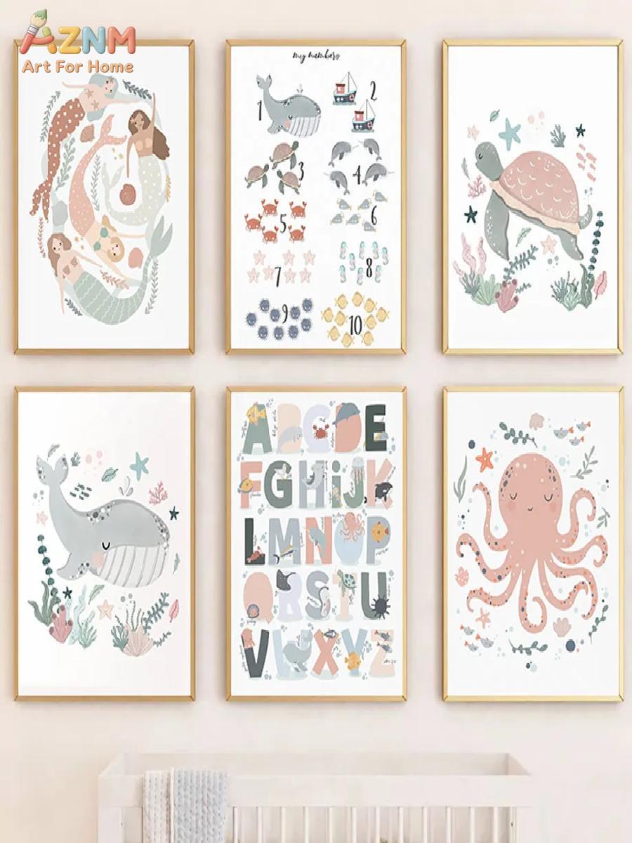 AZNM 保育園海の動物キャンバスウォールアート タコ クジ - Kids Educational Posters のレビューと価格